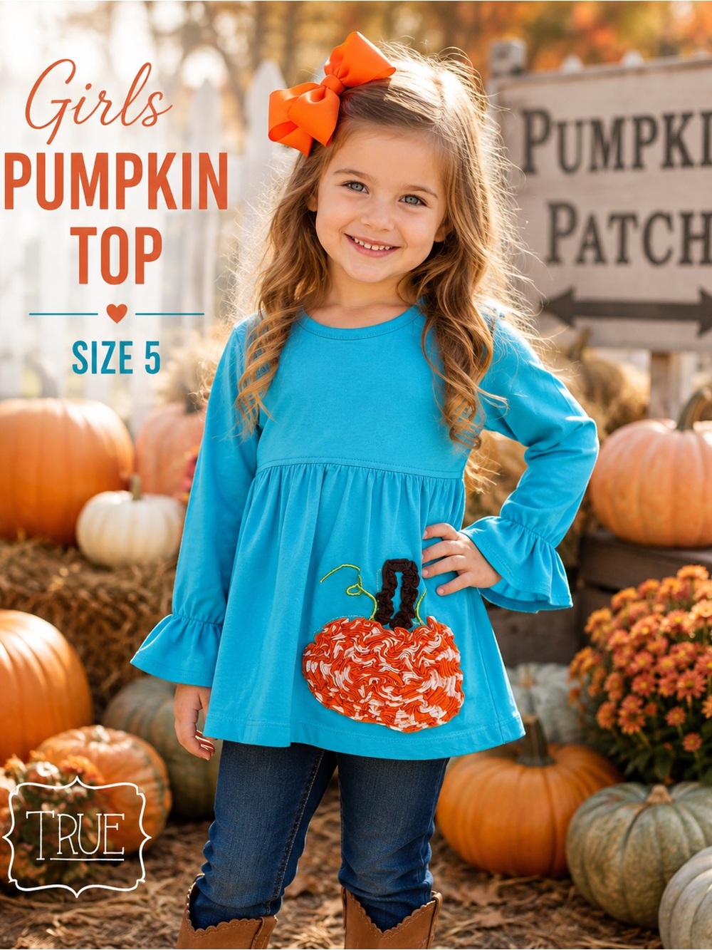 Boutique Pumpkin Appliqué Shirt Girls Size 5 Blue Ruffle Sleeve Fall